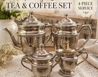 Vintage Silver Plated Tea Coffee Set 4 Piece Service Monogrammed Teapot Coffee Pot Creamer Sugar Bowl Elegant Farmhouse Decor Wedding Gift