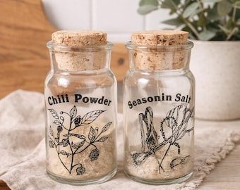Set of 2 Vintage Wheaton Spice Jars with Cork Lids | 1970s Botanical Glass Chili Powder & Seasoning Salt Canisters