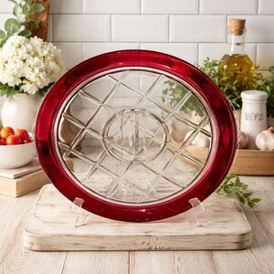 Vintage Indiana Glass Gazebo Chip & Dip Tray Ruby Red Flashed 12” Serving Platter Pressed Glass Snack Plate Rare Replacement Piece