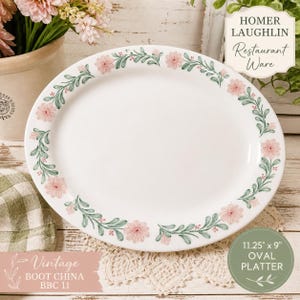 Vintage Homer Laughlin Oval Serving Platter, Floral Rim Restaurant Ware, Boot China BBC 11, Pink Green Vine Plate, Farmhouse Cottagecore