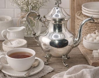 Vintage Birmingham Silver Company Silver Plated on Copper Base Teapot | Ornate Footed Tea Pot with Lid | Farmhouse Cottage Decor Serving