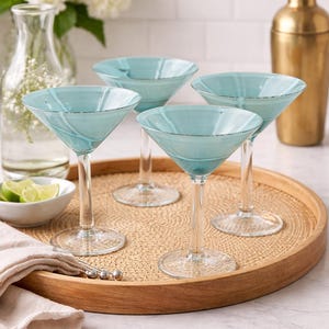 Set of 4 Vintage Murano Aqua Martini Glasses  – Hand Blown Italian Cocktail Glasses – Light Blue Art Glass Stemware – Coastal Barware