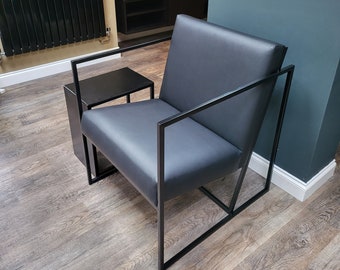 Leather Armchair – Industrial Metal Frame, Mid-Century Modern Accent Chair