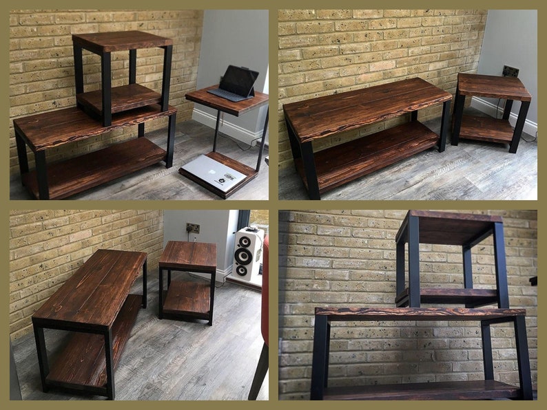 May include: A collection of rustic wooden furniture with black metal frames. The set includes a coffee table, side tables, and a laptop stand. The wood has a rich, dark brown stain, and the pieces are arranged against a brick wall.