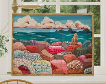 Bright Coastal art print ocean horizon, sparkling ocean print, pink coastal grandma artwork, girly preppy beach art, teal ocean art quilt