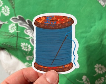 Blue Spool of Thread Sticker, cute quilt sewing stickers, sewing machine sticker, sowing machine, gift for seamstress, needle and thread