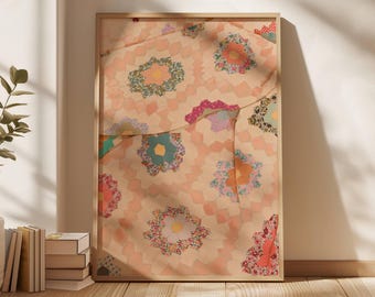 Grandmacore Aesthetic Cottage quilt art print, cottagecore artprint, feedsack quilt tops, vintage quilt wall art, 1930s framed quilt square