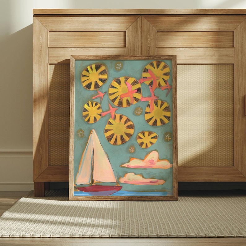 Nautical Sailboat Art, large art for big walls, colorful travel poster, fun coastal art print, midcentury modern vintage retro beach decor
