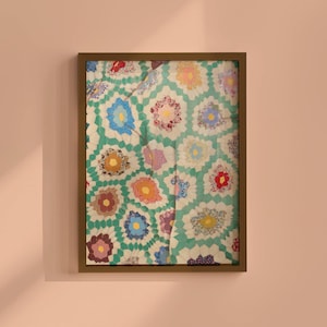 Modello di trapunta da parete colorata, decorazione da parete in stile fattoria, grazioso arredamento rustico per la stanza, arte tessile, poster patchwork boho chic della nonna