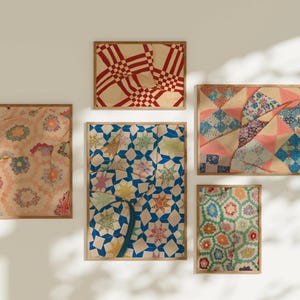 Lámina artística de patchwork con estética campestre de la abuela, lámina artística cottagecore, tapas de colchas de sacos de pienso, arte mural de patchwork vintage, cuadrado de colcha enmarcado de la década de 1930 imagen 5
