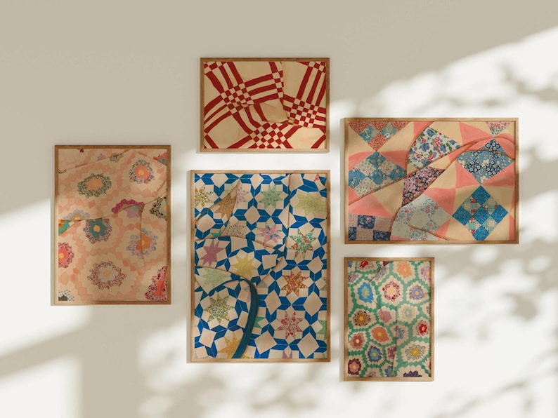 Lámina artística de patchwork con estética campestre de la abuela, lámina artística cottagecore, tapas de colchas de sacos de pienso, arte mural de patchwork vintage, cuadrado de colcha enmarcado de la década de 1930 imagen 5
