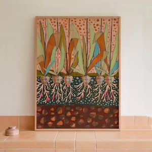 Impresión de bulbos de tulipán, arte mural abstracto floral playero, jardín de flores de Matisse, expresionismo abstracto, póster de viaje colorido, flores de los años 70, raíces