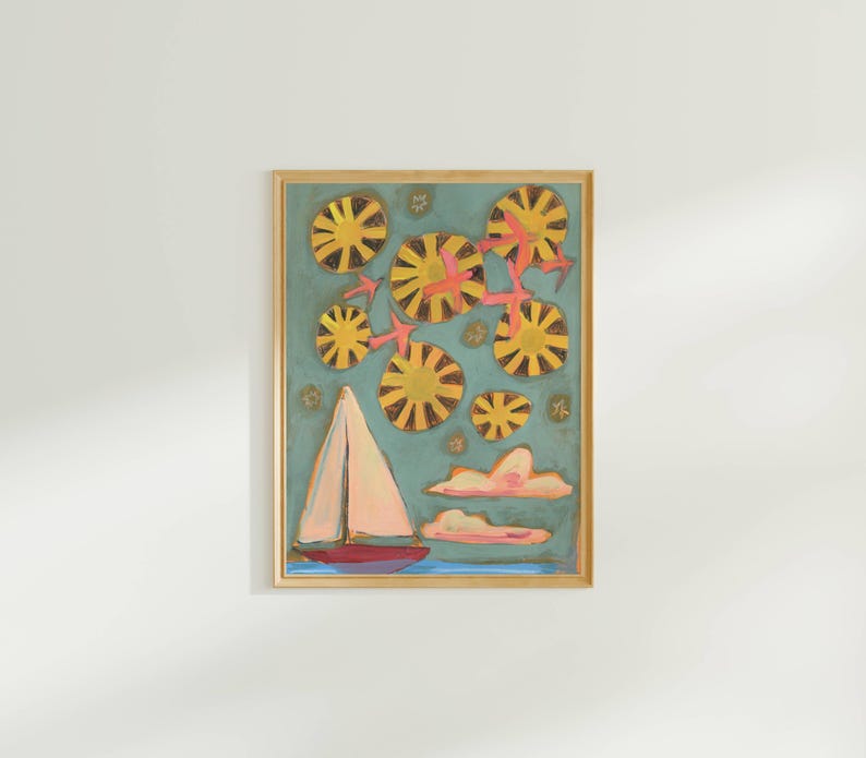 Nautical Sailboat Art, large art for big walls, colorful travel poster, fun coastal art print, midcentury modern vintage retro beach decor
