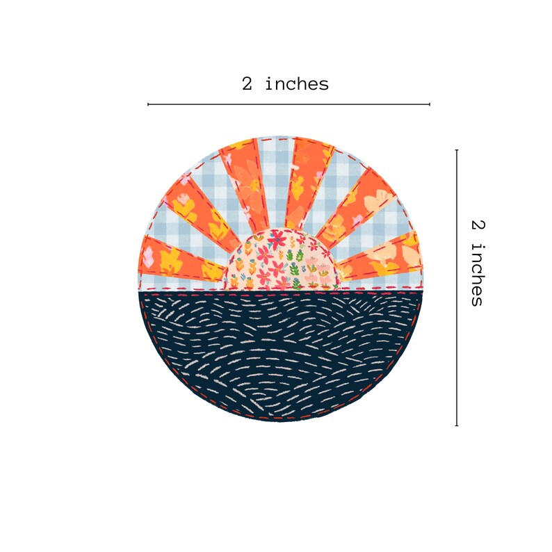 May include: A 2-inch diameter round fabric patch with a patchwork design of a sunset over a wavy ocean. The sunset is made of orange, blue, and white fabric with a floral pattern in the center. The ocean is a dark blue fabric with white stitching.
