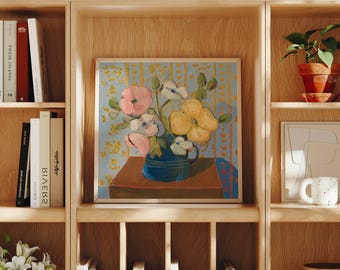 Celadeine Poppy Flower Painting Blue Vase, Square art print, pretty floral wall art, still life wall art, matisse flower garden, wallpaper