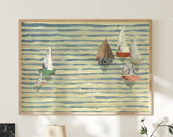 Nautical Sailboat Art, large art for big walls, colorful travel poster, fun coastal art print, midcentury modern vintage retro beach decor