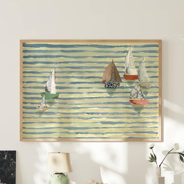 Nautische zeilbootkunst, grote kunst voor grote muren, kleurrijke reisposter, leuke kustkunstprint, midcentury modern vintage retro stranddecor