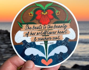 Wildflower Heart Sticker, ocean wave sticker, yeti sticker beach, ocean stickers waterproof, garden plant lovers gift idea, wildflow