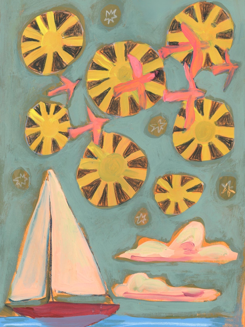 Nautical Sailboat Art, large art for big walls, colorful travel poster, fun coastal art print, midcentury modern vintage retro beach decor