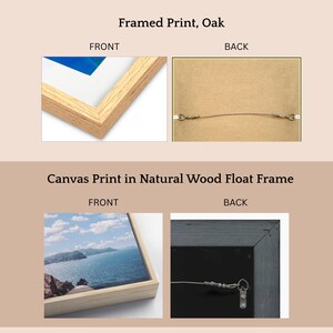 The image is a collage of four images, each depicting a different aspect of a framed print, including the front and back views of the print, the canvas print in a natural wood float frame, and the back view of the print.