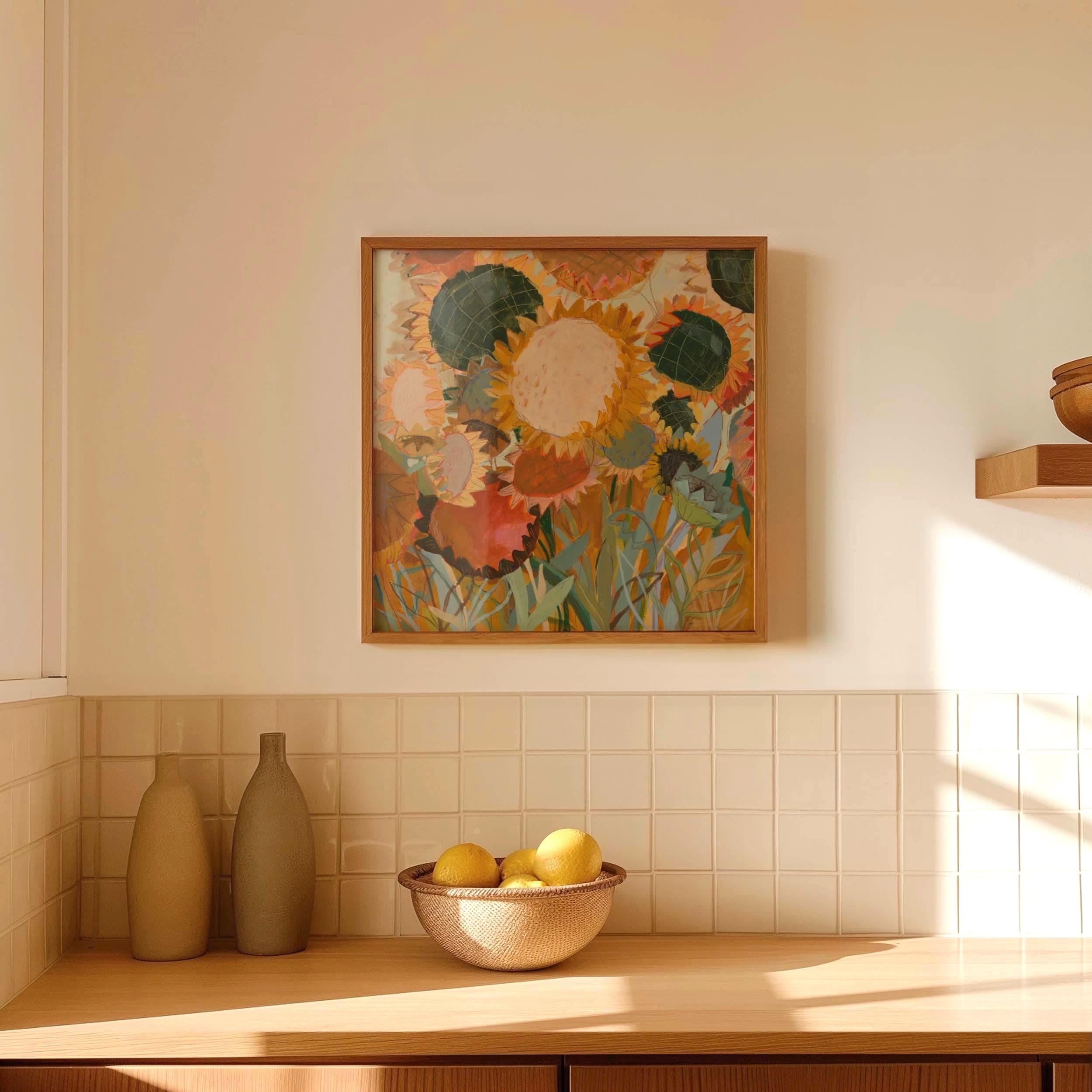 Goldenes Sonnenblumenfeld Kunstdruck, geschichtete Sonnenblume, Naturblumenpflanzen, Sonnenblumen Oma, Grandmacore, Vintage bunte botanische Kunst