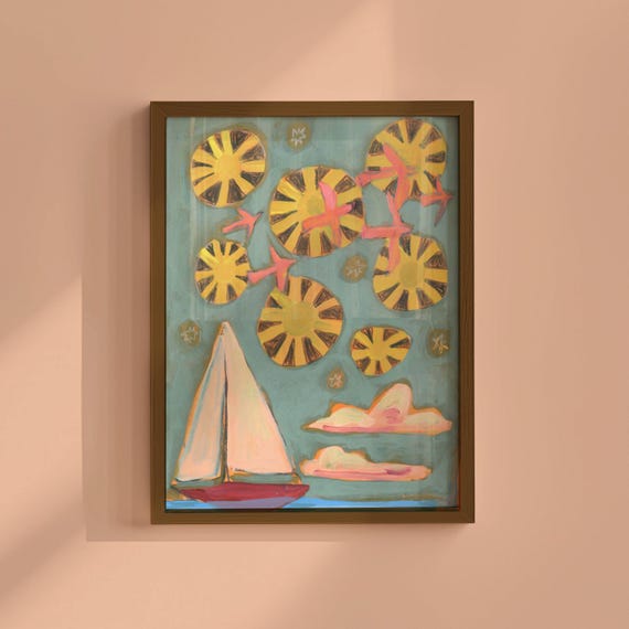 Nautical Sailboat Art, large art for big walls, colorful travel poster, fun coastal art print, midcentury modern vintage retro beach decor