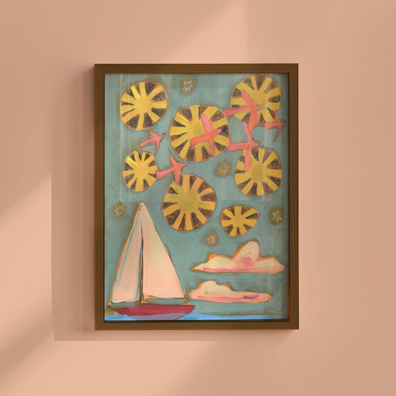 Nautical Sailboat Art, large art for big walls, colorful travel poster, fun coastal art print, midcentury modern vintage retro beach decor