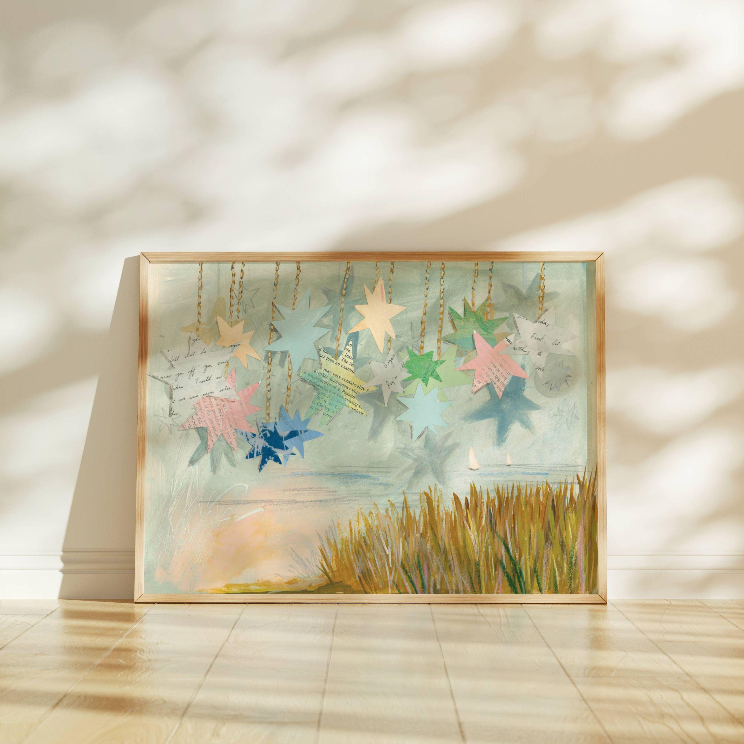Pink Coastal Grandma Artwork, muted coastal wall art blues, whimsical romance, coastal maine wall art, southern coastal granddaughter art