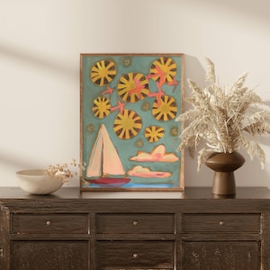 Nautical Sailboat Art, large art for big walls, colorful travel poster, fun coastal art print, midcentury modern vintage retro beach decor
