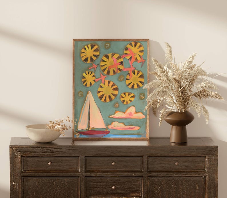 Nautical Sailboat Art, large art for big walls, colorful travel poster, fun coastal art print, midcentury modern vintage retro beach decor