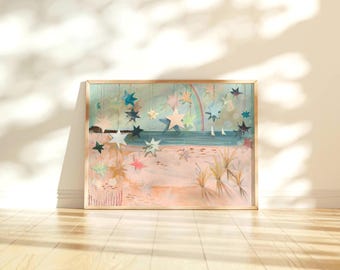 Pink Coastal Grandma Artwork, muted coastal wall art blues, whimsical romance, coastal maine wall art, southern coastal granddaughter art