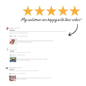 May include: Image features customer reviews with five gold stars and the text "My customers are happy with their orders!". Reviews mention stickers, including boho wildflower and monarch butterfly designs, and positive feedback.