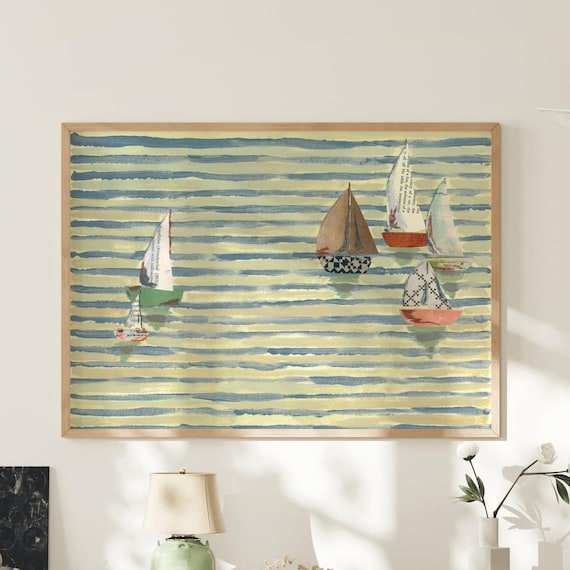Nautical Sailboat Art, large art for big walls, colorful travel poster, fun coastal art print, midcentury modern vintage retro beach decor