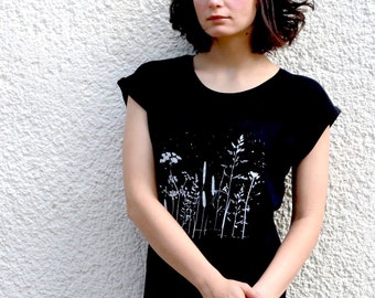 Overhemd met wilde bloemenprint en opgerolde mouwen, damesshirt met botanische print