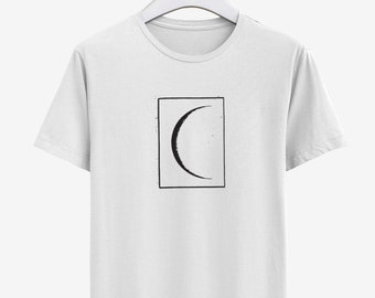 White Graphic Tee for Men, Screen Printed Crescent Moon Shirt