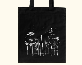 Bolsa de mano de flores silvestres serigrafiada, bolsa de algodón, bolsa de mano de comestibles reutilizable