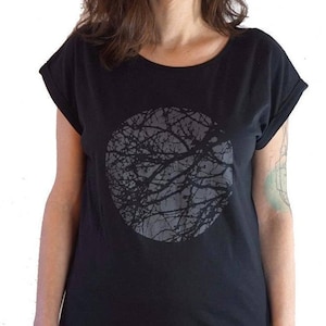 Graphic Tee for Women, Minimalist Tree Shirt, Rolled Sleeve Printed T-shirt image 1