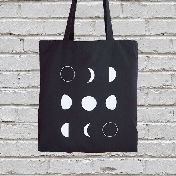 Moon Phases Organic Cotton Canvas Tote Bag, Screen Printed Eco Friendly Shopper Bag, with Long Handles
