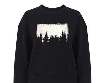 Damessweater, maat XL, biologisch katoen, verlaagde schoudernaden, forest-sweater, bomensweater, grafisch sweatshirt met zeefdruk