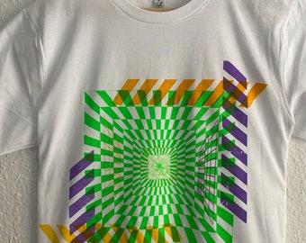 T-shirt graphique abstrait Trippy, tee-shirt graphique en coton biologique, sérigraphié à la main