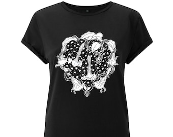 Datura Shirt, Siebdruck Witchy Shirt, Grafik-T-Shirt für Frauen, Gedrucktes T-Shirt mit gerollten Ärmeln