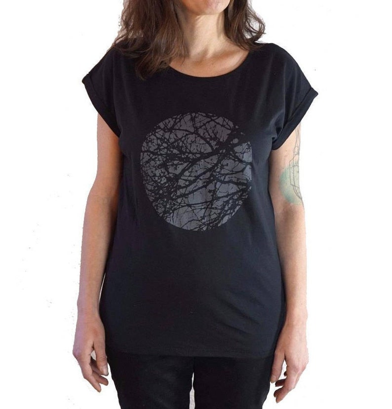 Graphic Tee for Women, Minimalist Tree Shirt, Rolled Sleeve Printed T-shirt image 1