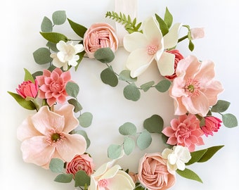 Pink Felt Flower Hoop, Pink Felt Flower Wreath, Pink Poppy, Magnolia Nursery Wall Decor, Bridal Shower Decor, Baby Shower Decor