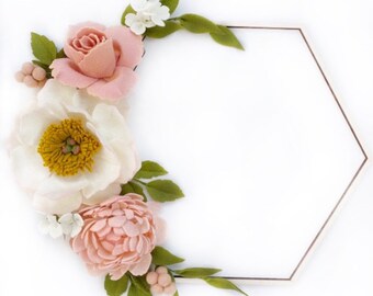 Felt Flower Peony Hexagon Hoop, Felt Flower Wreath, Boho Wall Decor, Nursery Wall Decor, Bridal Shower Decor, Pink Baby Shower Decor