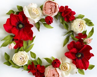 Red Poppy Felt Flower Hoop, Red Felt Flower Wreath, Poppy Nursery Wall Decor, Bridal Shower Decor, Baby Shower Decor