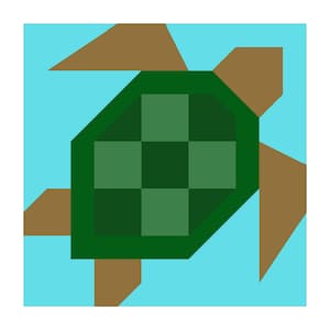 May include: A geometric illustration of a turtle. The turtle has a dark green checkered shell, surrounded by a darker green border. The turtle's head, legs, and tail are brown, set against a light blue background.