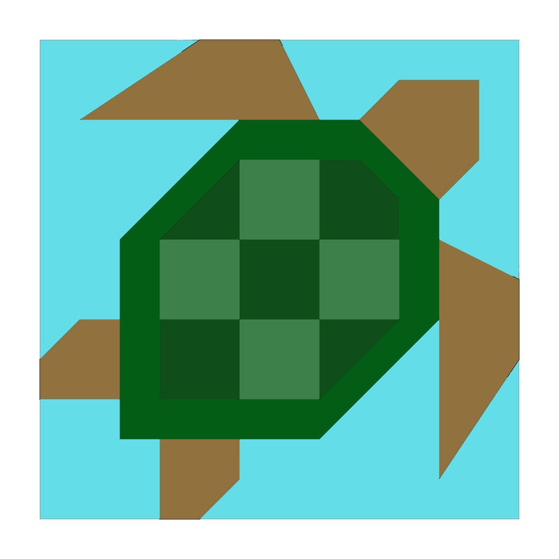 May include: A geometric illustration of a turtle. The turtle has a dark green checkered shell, surrounded by a darker green border. The turtle's head, legs, and tail are brown, set against a light blue background.