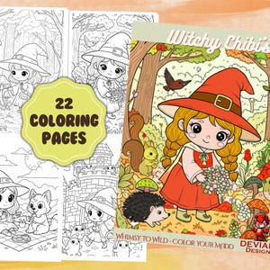 May include: A collection of coloring pages featuring whimsical witch-themed illustrations. The cover art showcases a colorful drawing of a witch with a red hat and dress, surrounded by forest creatures. The text reads "Witchy Chibis" and "22 Coloring Pages".