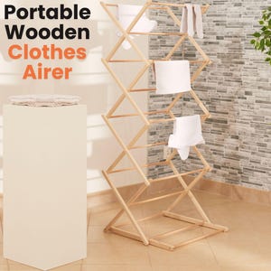 Foldable Wooden Clothes Airer - Adjustable Indoor Laundry Drying Racks - Portable, Extendable and Rustproof Clothes Horse