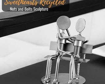 Sweethearts Recycled Nuts and Bolts Sculpture 13 cm (5'') Tall - Romantic Iron Gifts for 6th Anniversary Made From Recycled Auto Parts